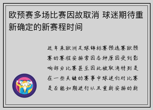 欧预赛多场比赛因故取消 球迷期待重新确定的新赛程时间