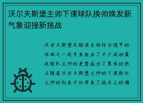 沃尔夫斯堡主帅下课球队换帅焕发新气象迎接新挑战