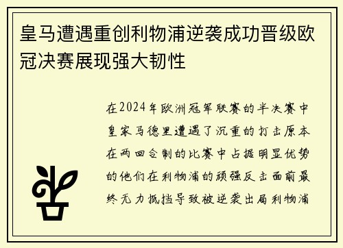 皇马遭遇重创利物浦逆袭成功晋级欧冠决赛展现强大韧性