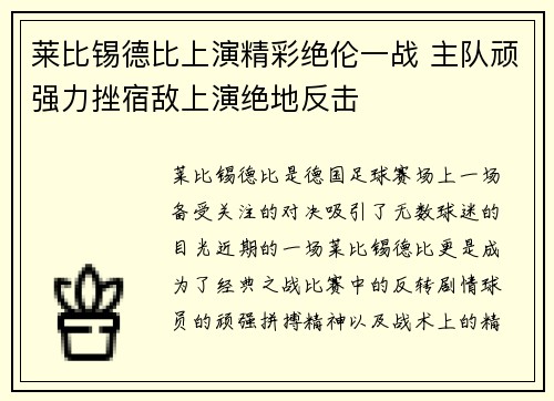 莱比锡德比上演精彩绝伦一战 主队顽强力挫宿敌上演绝地反击